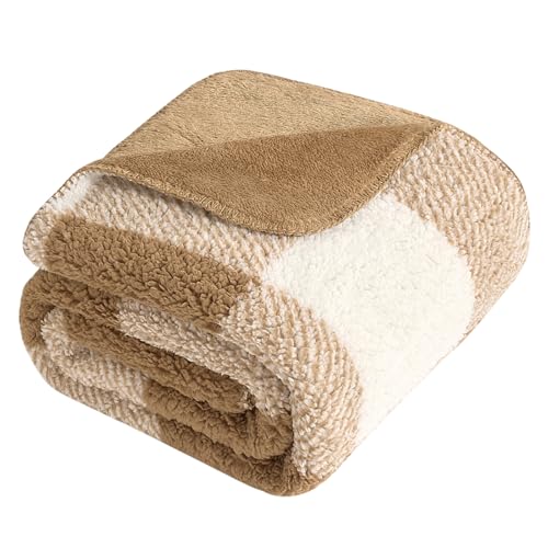 LURKA Checkered Sherpa Fleece Throw Blanket – Soft and Cozy, Medium Weight for All Season, Plush Throw for Couch, Bed, Dorm & Pets, Brown, 60x80 Inches