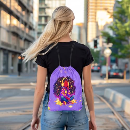 Image of jejeloiu Cute Black Drawstring Backpack 13x15.7inch African American Waterproof Gym Drawstring Bags Music Sports String Backpack Beach Swim Travel Bag Sackpack(No Glitter