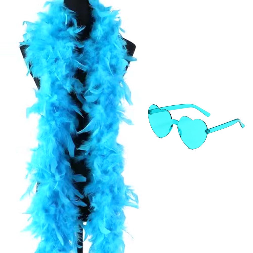 Feather Boa, 2PCS Feather Scarf Set with Heart Glasses Dancing Party Props Halloween Cosplay Costume Accessory Holiday Decors Party Accessories for Dancing Wedding Party Halloween Carnival(Blue)