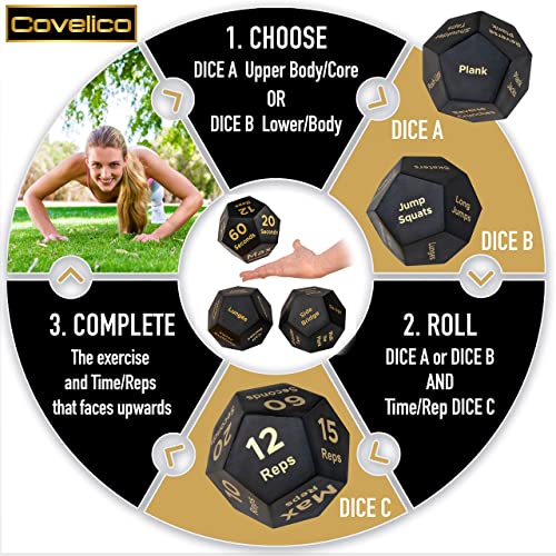 Covelico Exercise Dice for Workouts and Fun Fitness Dice for Adults | Workout Motivation via This Workout Dice for Exercise and for Bootcamp Fitness | Exercise Dice for PE Equipment | Workout Dice
