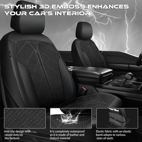 Image of CAR PASS Waterproof Car Seat Covers,Oxford Leather Front Seat Covers,All-Weather Non-Slip Durable,Universal Fit for SUVs Sedans Trucks Vans Automotive,Armrest Airbag Compatible,Emboss 2 Black