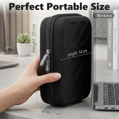 Image of BonKaso Electronics Organizer Travel Case - EVA Hard Shell Tech Pouch for USB Cable, Charger, Power Bank, Earphones, Hard Drive Storage | Compact Shockproof Gadget Organizer - Black