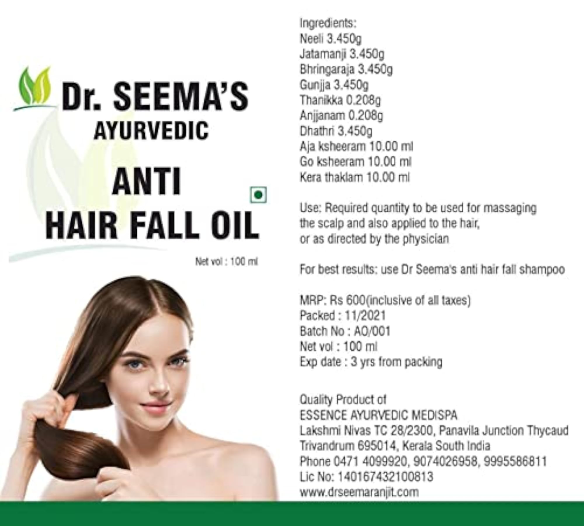 Dr.SEEMA'S AYURVEDIC Anti Hair Fall Oil, 200ml