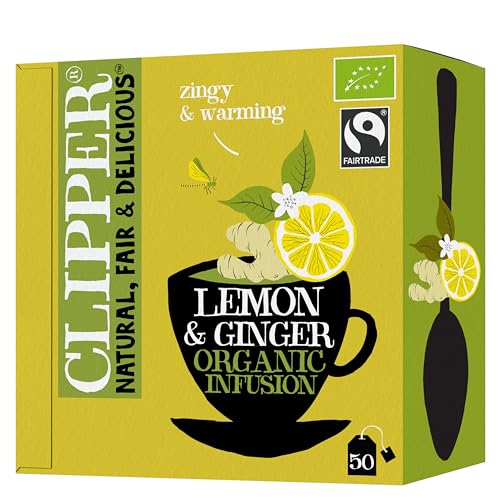 Image of Clipper Organic Lemon and Ginger Tea Bags | Box of 50 Envelope String & Tag Teabags | Organic | Eco-Conscious, Fair Trade Tea | Natural, Unbleached, Plant-Based, Compostable & Biodegradable Tea Bag