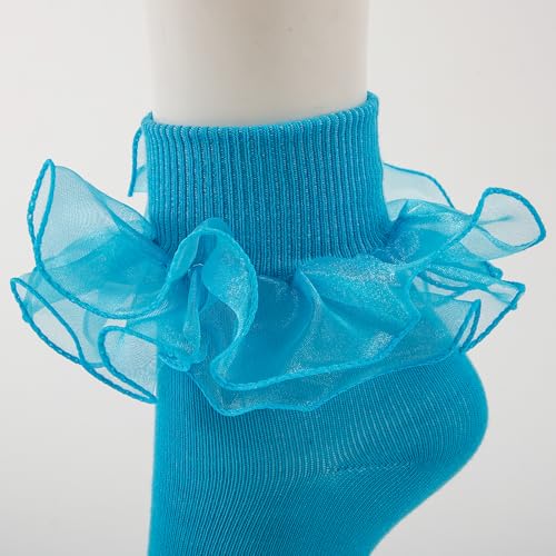 Image of Women Big Ruffle Ankle Socks Adult Double Lace Frilly Turn Cuff Dress Socks Cotton Cute Fancy Bobby Crew Socks