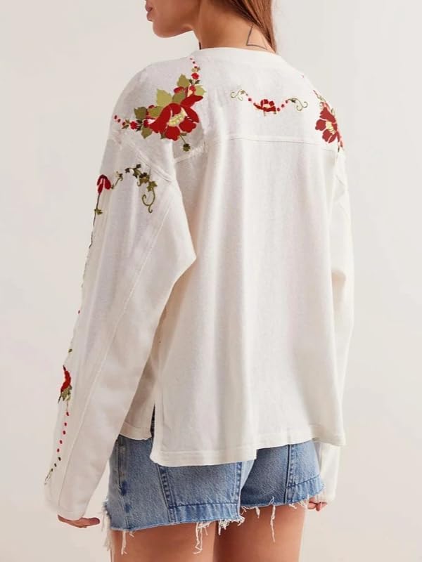 Y2K Oversized Graphic Sweater for Women 72 Print Floral Embroidery Vintage Long Sleeve Sweatshirt