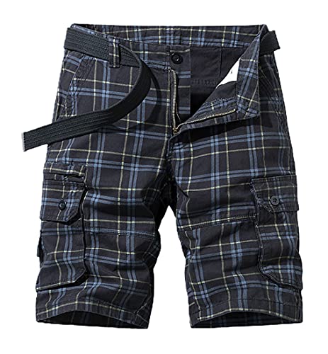 Chouyatou Men's Summer Cool Multi-Pocket Straight Leg Utility Plaid Cargo Shorts (34, Black) #TOP28