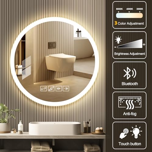 Litglobe Espejo Baño LED Bluetooth 60x60 cm,Espejo Redondo Baño Antivaho,Espejos de Bano con LED y Memoria,Espejos Bano con Luz c𝐨n Interruptor Táctil,Regulable,3 Colores - imagen 6