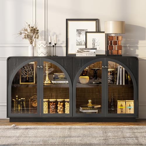 Image of Sideboard Buffet Cabinet with Storage, 68 inch Black Credenza Accent Cabinet Buffet Table w /4 Arched Glass Doors & LED Light, Modern Coffee Bar Liquor Cabinet w /2 Shelves for Kitchen Entryway