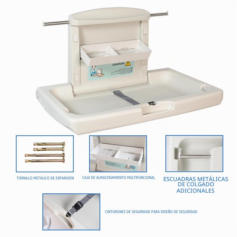 Cambiador Bebe Mesa de Cuidado Infantil,Plegable,Para el Hogar y el Comercio,con Cinturón de Seguridad y Compartimento de Almacenamiento,Ahorra Espacio,Seguro y Estable (Blanco)