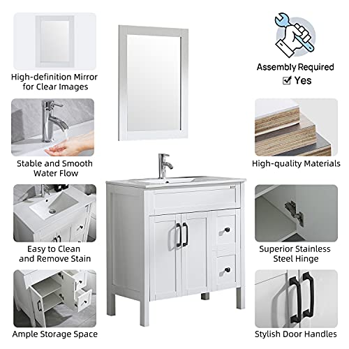 Walsport Bathroom Vanity With Sink 32 Inch White Undermount Ceramic Vessel Chrome Faucet Drain With Mirror Vanities One Sink Set #TOP5
