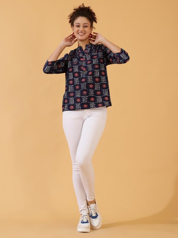 Image of Women's Cotton Printed Kurta Top | 3 /4 Sleeve Straight Kurti Casual Outings
