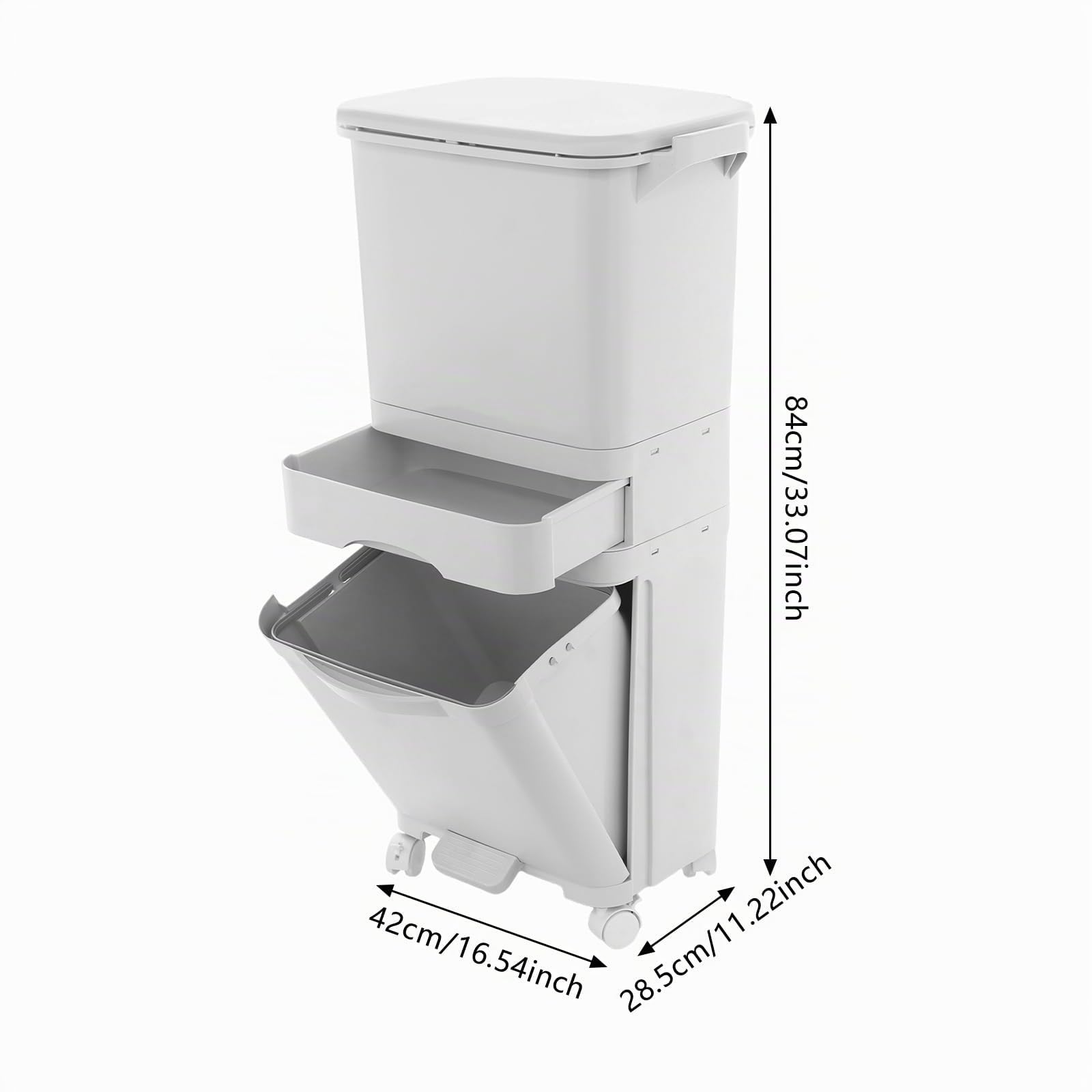 Papelera de cocina 42L con 3 compartimentos, papelera de cocina, papelera de separación de residuos secos y húmedos con ruedas, papelera con pedal y tapa sobre ruedas para cocina, hogar y