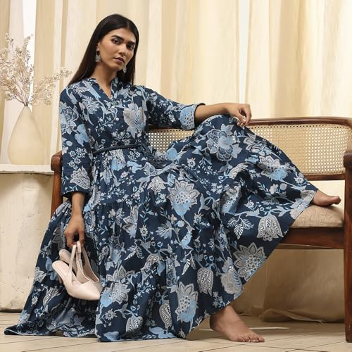 Image of Biba Women's Cotton 3 /4 Sleeves Calf Length Band Collar A-Line Floral Printed Casual Dress