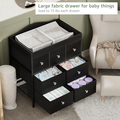 Image of BOLUO Changing Table Dresser with Storage, Baby Dresser with Changing Table Top Diaper Changing Station with 7 Fabric Drawers for Nursery Modern