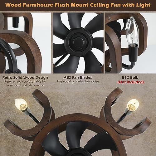 Flush-Mount-Ceiling-Fan-with-Light-Farmhouse-Wood-Ceiling-Fan-with-Remote-Caged-Fandelier-Ceiling-Fan-Light-Low-Profile-Ceiling-Fan-for-Bedroom-Kitchen-Vintage-Solid-Redwood-Grain