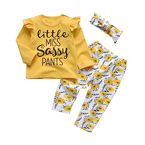 3Pcs Baby Girl Clothes Little Miss Sassy Pants Long Sleeve Letter Tops Flowers Pants and Headband Outfit Set (2-3T) Yellow