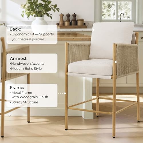 Image of CHITA Boho Rope Counter Height Bar Stools Set of 2, Modern Upholstered Bar Stools with Handwoven Rope Armrests, Metal Frame with Wood-Grain Finish, 26.4 inch Seat Height, Cream
