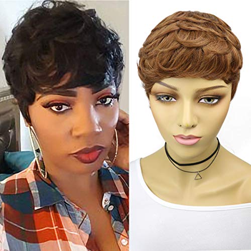 VRZ Short Wavy Human Hair Wigs with Bangs Pixie Cut Brazilian Hair Wigs Short Black Layered Pixie Wavy Wigs for Women (Side Wavy 33#)