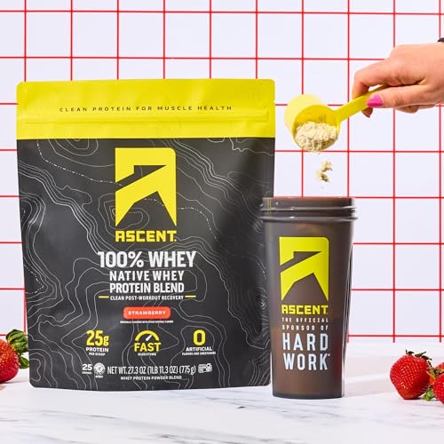 Image of Ascent 100% Whey Protein Powder - Post Workout Whey Protein Isolate, Zero Artificial Flavors & Sweeteners, Gluten Free, 5.5g BCAA, 2.6g Leucine, Essential Amino Acids, Strawberry 1.7 lb