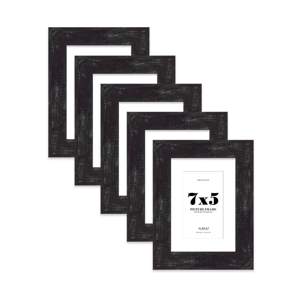 7x5" Distressed Black Picture Frame with 5x3" Mount - Weathered Photo Frame with Distressed Finish, Wall Hooks and Kickstand, 32mm Edge - 5 Pack