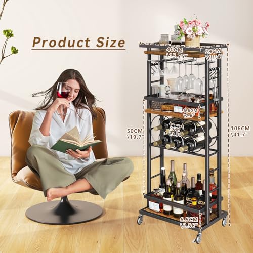 IBUYKE 4-Tier Liquor Cabinet with wheels,Wine Rack Freestanding Floor, Bar Cart for Liquor Whiskey Wine,Versatile Wine Bottle Display Shelf,Mini Bar for Home Living Room,Rustic Brown TMJ912H - Image 6