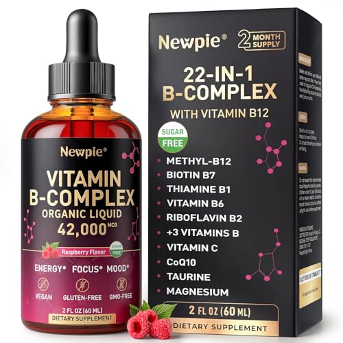 Newpie Vitamin B Complex Liquid Drops - B12 Methylcobalamin B6 B1 Niacin & Folate Biotin Vitamin C Choline Inositol CoQ10 & Taurine - Methylated Sublingual for Energy & Focus - Vegan Organic