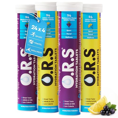 O.R.S Hydration Tablets - Lemon & Blackcurrant Bundle 96 Electrolyte Tablets | 4 Tubes of Oral Rehydration Salt for Dehydration Sports & Travel Recovery Drinks | Vegan Gluten-Free Low Calorie
