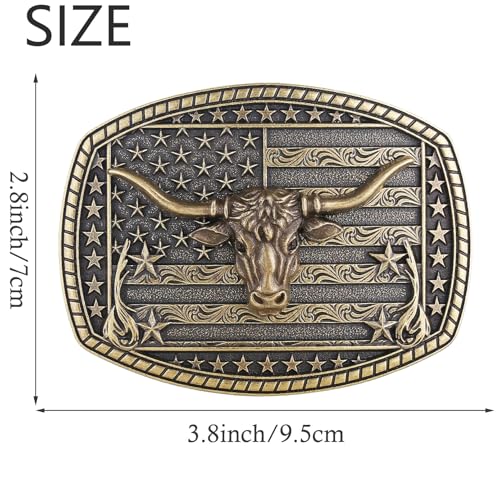 Image of HUABOLA CALYN Long Horn Bull Belt Buckles for Men Women American Flag Texas Star Belt Buckles