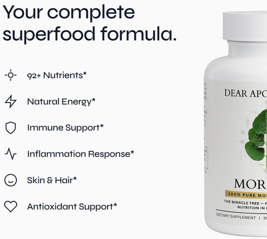 Moringa Oleifera Capsules 800mg - Pure Leaf Powder Superfood with Antioxidants Vitamins Minerals Amino Acids - Energy Immune Support Green Supplement for Men Women - Vegan Non-GMO - 60 Count