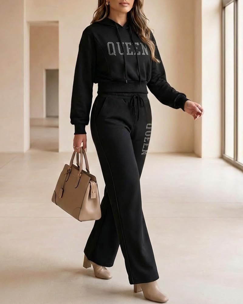 CHICME Women's 2 Piece Outfits Queen Tracksuit Cropped Hoodie and Wide Leg Sweatpants Fashionable Casual Outfit for spring - Image 5