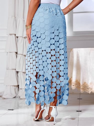 Image of Cicy Bell Womens Hollow Out Maxi Skirts Summer Boho Fringe Hem Long Skirt | High Waist,Circle Skirt,Casual,Dressy,Midi Skirt,Beach Vacation