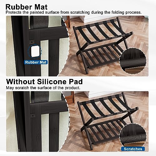 Smuxee Fully Assembled Luggage Rack for Guest Room, Upgraded Bamboo Foldable Suitcase Stand with 5 Nylon Straps, Luggage Holder with Shelf for Bedroom Hotel (Black Luggage Rack 1pcs)