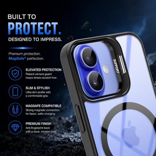Image of A rtistque Clear Back Cover Case for iPhone 16 | Compatible with Mag-Safe | Built-in Adjustable Camera Stand | Shockproof TPU Bumper | Premium Transparent Design | iPhone 16 Back Cover - Black