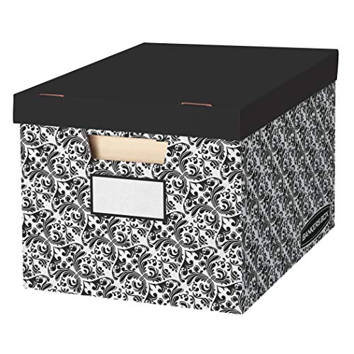 BANKERS BOX STOR/FILE Dekoracyjne pudełka do przechowywania dokumentów o średniej wytrzymałości, FastFold, Lift-Off Lid, Letter/Legal, Black/White Brocade