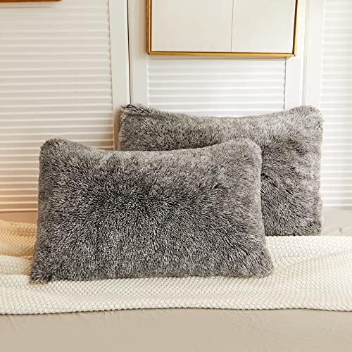 LIFEREVO 2 Pack Shaggy Plush Faux Fur Pillow Shams Velvet Reverse,Fluffy Decorative Pillowcases Zipper Closure 20"x36"(Ombre Dark Gray,King)