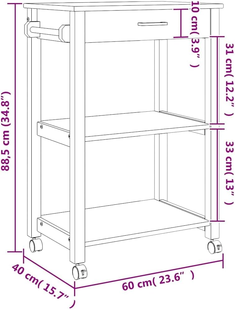 Kitchen Trolley Monza Solid Pine Wood Rolling Kitchen cart 23.6"x15.7"x34.8" with Drawer and Shelves Durable Serving cart Mobile cart for Kitchen Storage