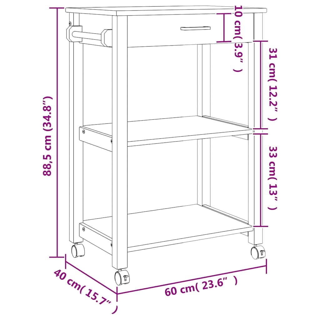 vidaXL Carrito de Cocina, Organizador de Comida Verduras Té, Carro de Servicio, Almacenamiento para Baño Salón Estudio, Madera Maciza de Pino