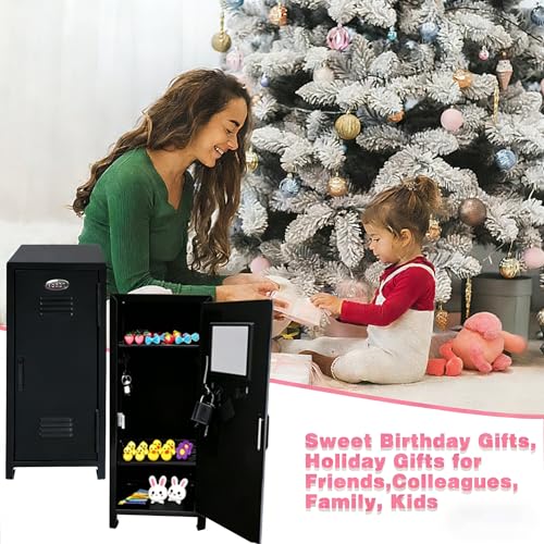 Image of Mini Locker with Lock Key Stickers Box Metal Small Locker Mini Locker Miniature Storage Girls Lockbox Desktop Storage Organizer for Cash Money Jewelry Safe Dollhouse Furniture Accessories (Black)