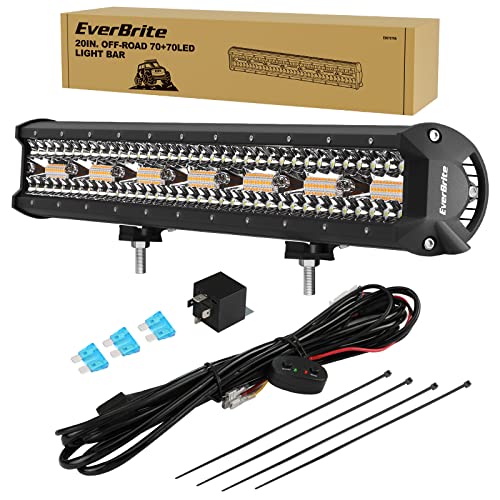 EverBrite 20Inch 420W Spot Flood ComboLight Bar, Triple Row Car Led Lights, Off-Road Wiring Harness and Remote, IP67 Waterproof, 6 Modes, White & Amber LED for Truck, ATV, UTV, SUV