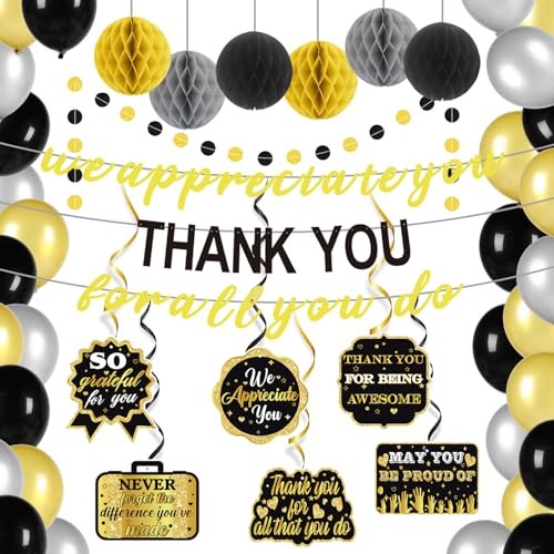 We Appreciate You Decorations,Pre-Strung Black Gold Thank You for All You Do Banner,Work Office Party Decoration for Employee Worker Staff Teacher Appreciation Farewell Party Decor