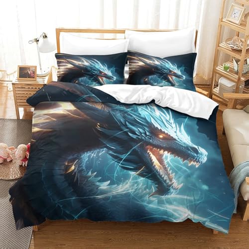 Housse de couette dragon imprimé 3D finition éclair caché microfibre - 3