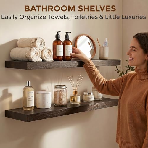 Image of Dreamland Rustic Elm Woood Floating Shelves for Wall Decor, 32 inch W x 8 inch D x 1.5 inch H Floating Shelves Set of 2, Wall Mounted Deep Wooden Shelf for Living Room, Bedroom, Kitchen, Bathroom, Walnut