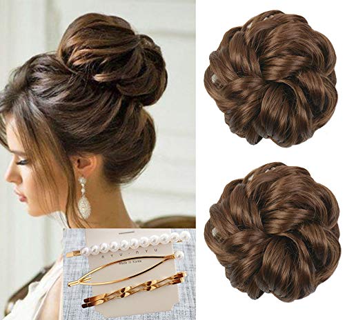 Moshina 2pcs Hair Bun Chignons-Wavy Curly Ponytail Hair Extension-Messy Donut Chignons Hair Updo-Wedding Bridal Hairpiece (Light chestnut brown)