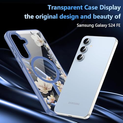 Image of VONZEE Compatible with Samsung S24 5G Case Luxury Retro Flowers Floral Clear for Magnetic Wireless Charging Case Shockproof Case PC+TPU Cute Glossy Shiny Cover for Girls Women|Official Blue