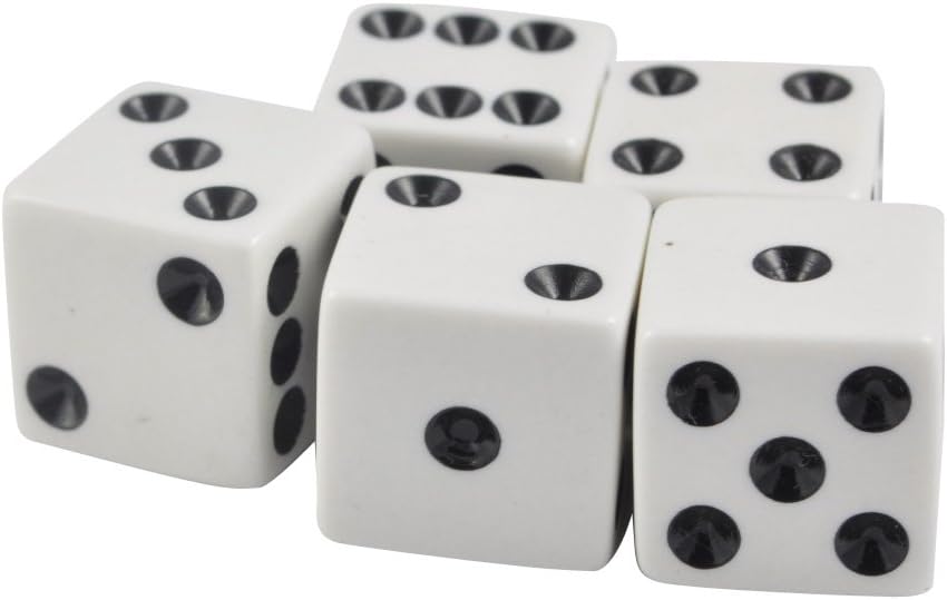 Set of 5 White Opaque Dice 12mm Black Spots in Snow Organza Bag