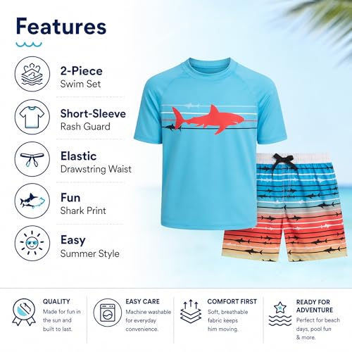 Image of Big Chill Boys Swim Set - 2 Piece Quick Dry UPF 50 Short Sleeve Rash Guard for Boys and Swim Trunks - Swimwear Set for Kids