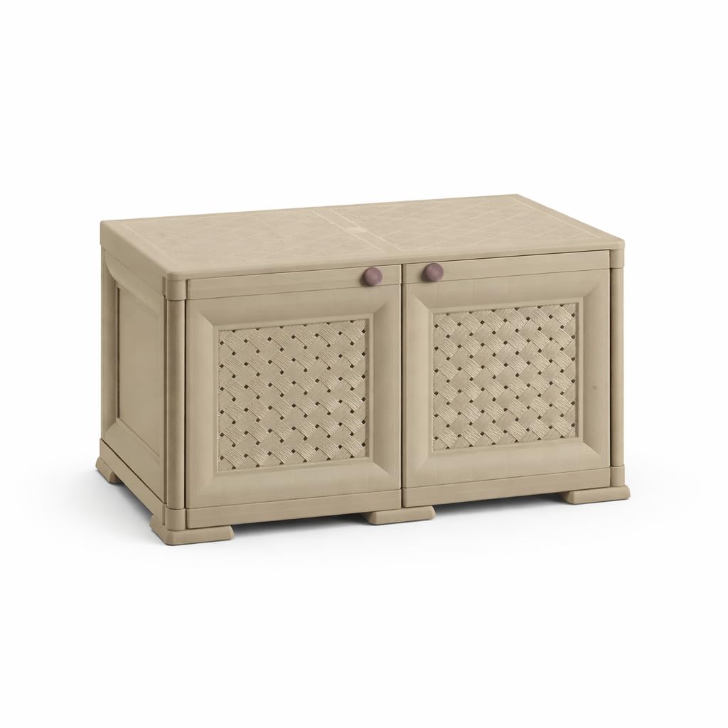 Armadio Contenitore in Plastica con Ante Traforate – Mobile Decorativo per Organizzazione Casa e Zona Living (Taupe, 79 x 43 x 46 cm)