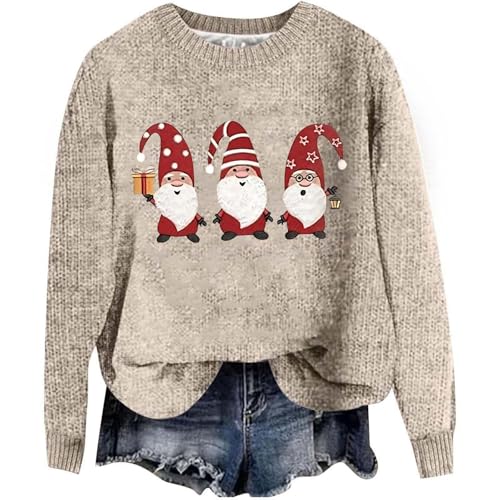 Image of Christmas Jumper 2025 Knitted Jumpers for Women Santa Claus Funny Tops Xmas Pattern Pullover Sweatshirt Casual Long Sleeve Sweater Beige