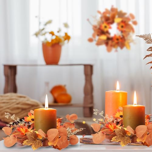 Image of 4 Pcs Fall Floral Candle Rings Wreaths Autumn Flower Rings for Centerpieces Harvest Pumpkins Wreath Mini Thanksgiving Cabinets Farmhouse Front Door Decoration